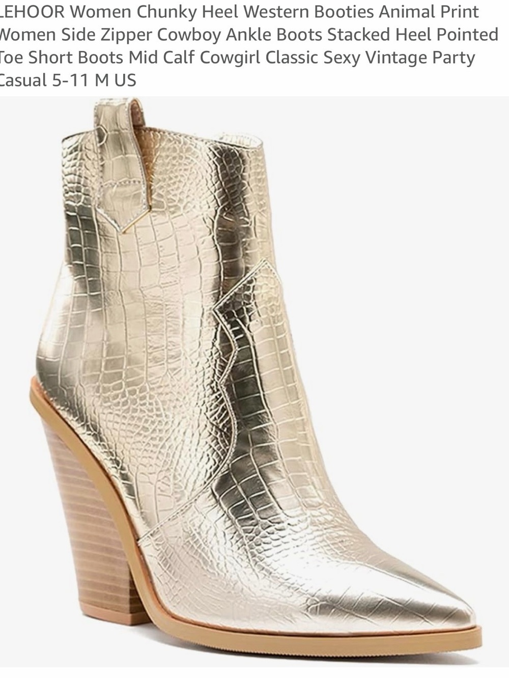 Women's Metallic Gold Croc-Embossed Western Ankle Boot - NEVER WORN